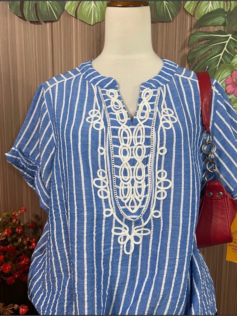Ruby Rd Blue White Striped Short Sleeve Blouse Tie Front Embroidered SZ 1X NWT - Picture 4 of 4